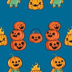 Cute Cartoon Halloween Seamless Pattern with Burning Pumpkins, Basket Pumpkins and Farmer Pumpkins on a Blue Background