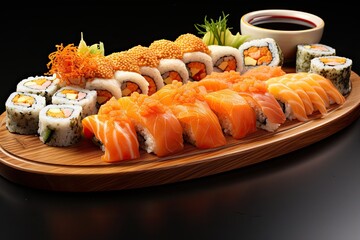 sushi and rolls on a wooden plate