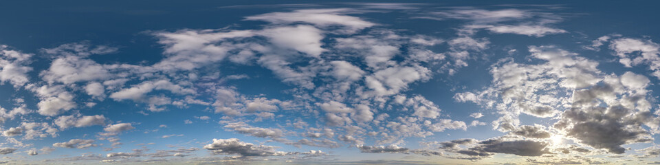 seamless cloudy blue sky hdri 360 panorama with zenith and clouds in equirectangular format for use in 3d graphics or game development as skydome or edit drone shot or sky replacement