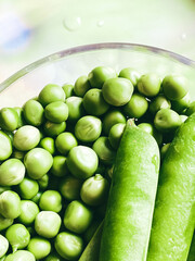 Harvest organic vegetables green peas.