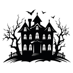Fototapeta na wymiar Vector haunted house black and white illustration. Halloween background with silhouette of spooky cottage, ghosts, bats, cemetery. Scary Samhain party invitation or card design. stock illustration
