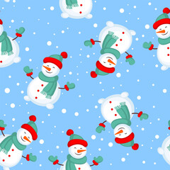 Christmas and New Year repeat illustration with a snowman on a blue background. Winter pattern, holiday invitation, greeting card, wallpaper, gift wrapping paper, web page background