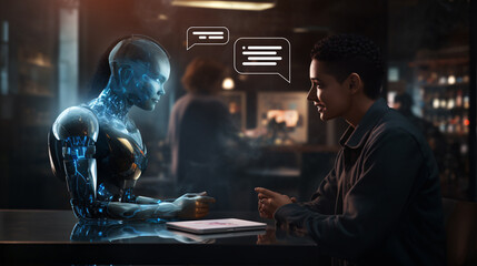 Person talking or chat with robot AI. Technology of Generative Pre-trained Transformer or machine learning concepts. Generative ai technology.
