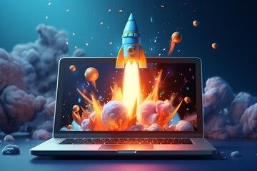 Start up concept. Sucessful start of project. Development concept. Rocket coming out of laptop screen. IT Business startup.