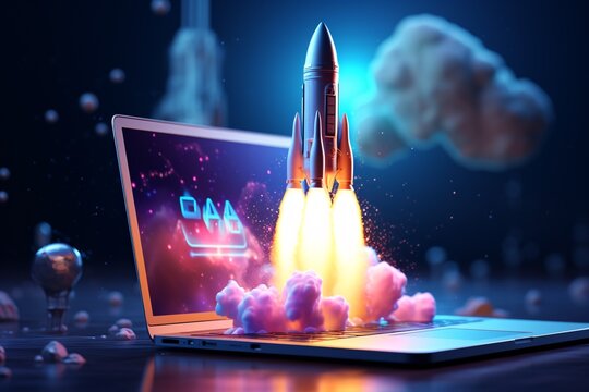 Start up concept. Sucessful start of project. Development concept. Rocket coming out of laptop screen. IT Business startup.