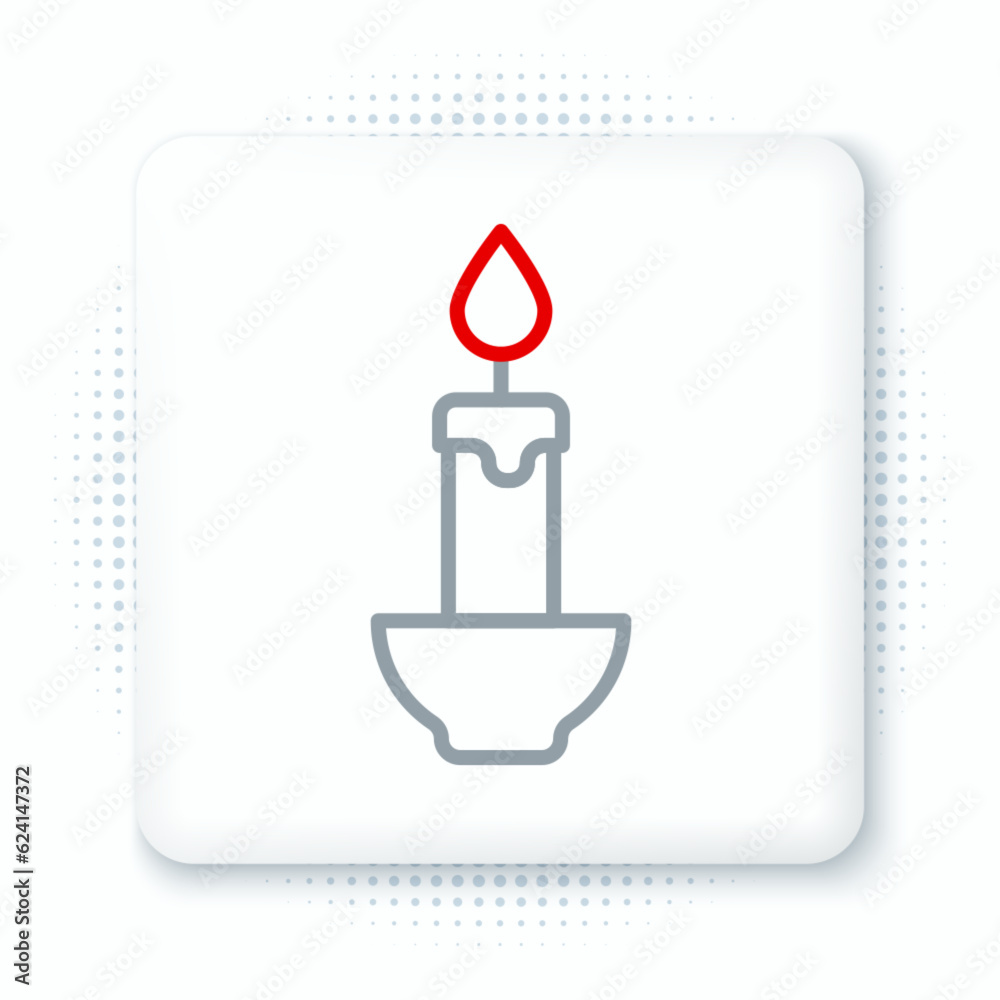 Poster line burning candle icon isolated on white background. cylindrical candle stick with burning flame. 