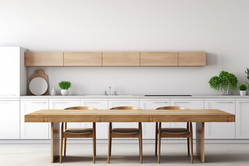 Empty wood table on white kitchen background, Natural template for product display with modern kitchen.