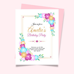 Greeting birthday card template with floral frame. Posters, flyers, banners with floral elements. Template for holidays, invitations, business and social media. Place for text. Vector illustration.