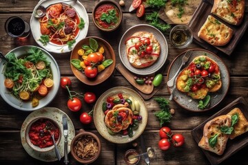 Full table of italian meals on plates Pizza, pasta, ravioli, carpaccio. caprese salad and tomato bruschetta on black background. Top view. Image generated by artificial intelligence