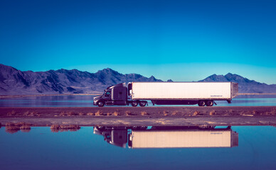 Reflective Journey: Semi Truck and Salt Lake Majesty