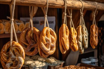 Oktoberfest concept with pretzel on wood background, copy space. Image generated by artificial intelligence
