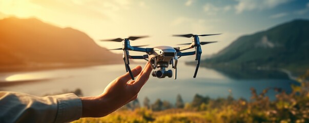 Drone technology landing in human hand in nature, panorama. Generative Ai. - obrazy, fototapety, plakaty
