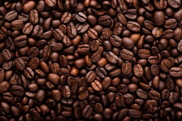 Fresh roasted coffee beans closeup pattern on dark background. Food pattern. Love coffee concept. Top view, flat lay with copy space