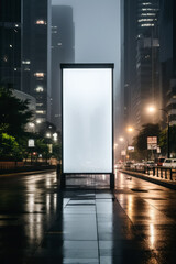 Blank white digital billboard poster on city street during a rain shower 