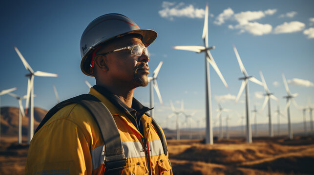 full body view of an Engineer working at alternativ energy on a onshore wind farm