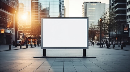 Blank white digital billboard poster on city street on a sunny day 
