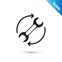 Grey Wrench spanner and arrows as workflow icon isolated on white background. Adjusting, service, setting, maintenance, repair, fixing. Vector