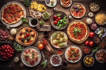 Full table of italian meals on plates Pizza, pasta, ravioli, carpaccio. caprese salad and tomato bruschetta on black background. Top view. Image generated by artificial intelligence - obrazy, fototapety, plakaty