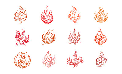 Set of burning flame, fire and bonfire in red, orange and yellow colors. Collection of hot flaming elements. Vector illustration
