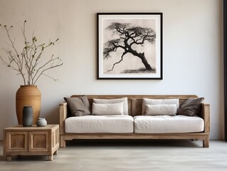 Interior design of vintage living room with reclaimed wood cabinet and poster on white stucco wall generative ai