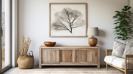 Interior design of vintage living room with reclaimed wood cabinet and poster on white stucco wall generative ai