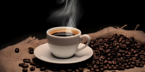 Hot coffee cup and coffee seeds. Background wallpaper