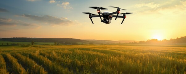 Quadcopter drone flying over field in nature, panorama. Generative Ai. - obrazy, fototapety, plakaty