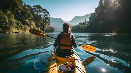  Rear view of woman riding kayak in stream with background of beautiful landscape. © ZayNyi