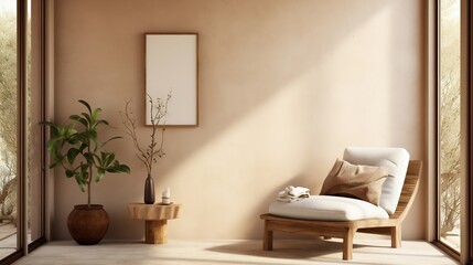 Lounge chair against window near beige stucco wall interior design of modern living room generative ai