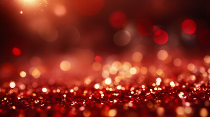 Golden light shine particles bokeh on crimson red background 