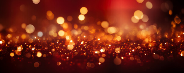 Golden light shine particles bokeh on crimson red background 