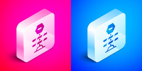 Isometric Road barrier icon isolated on pink and blue background. Symbol of restricted area which are in under construction processes. Repair works. Silver square button. Vector