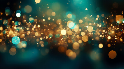 Golden light shine particles bokeh on rich turquoise background 