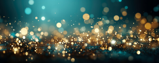 Golden light shine particles bokeh on rich turquoise background 