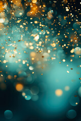 Golden light shine particles bokeh on rich turquoise background 