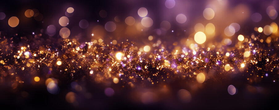 Golden light shine particles bokeh on royal purple background 