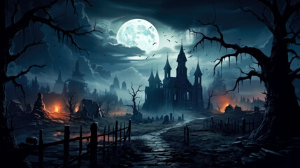 Fototapeta premium Graveyard cemetery to castle In Spooky scary dark Night full moon 