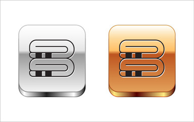 Fototapeta premium Black Towel stack icon isolated on white background. Silver and gold square buttons. Vector