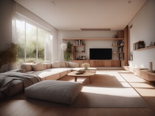 modern interior design, dreamy sunken living room conversation pit, wooden floor, tall french windows opening onto the garden