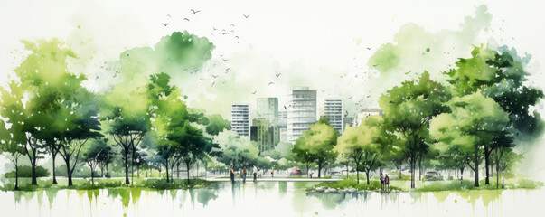 green space in urban city, watercolor  - obrazy, fototapety, plakaty