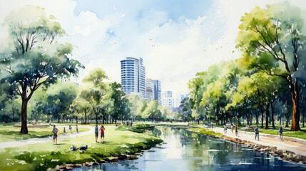 Obraz premium green space in urban city, watercolor 