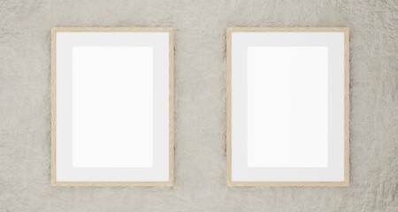 Empty blank picture poster in wooden frame hanging on white concrete wall, mock-up. 3D render.