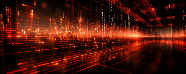 High-speed binary code in data center, red background