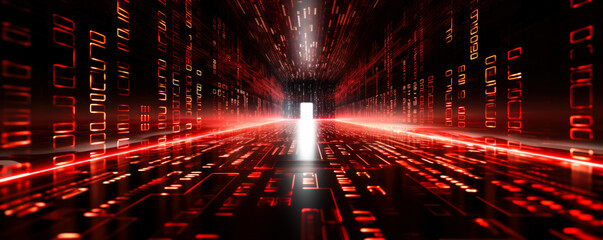 High-speed binary code in data center, red background