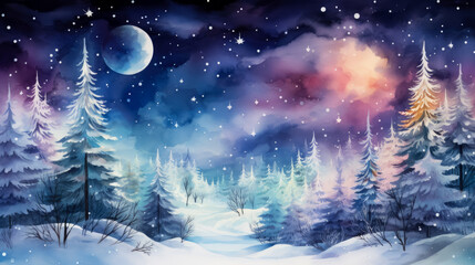 Magical forest with christmas trees and glowing lights, watercolor, background 