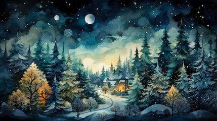 Naklejka premium Magical forest with christmas trees and glowing lights, watercolor, background 