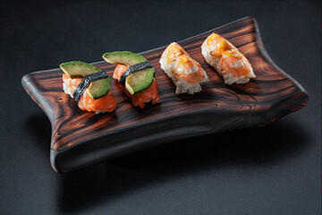  Sushi Ama Ebi Nigiri With Salmon Avocado And Shrimp On Wooden Tray