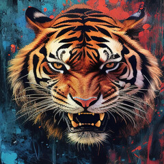 Fototapeta premium Tiger angry face close-up. Head front view portrait green red background