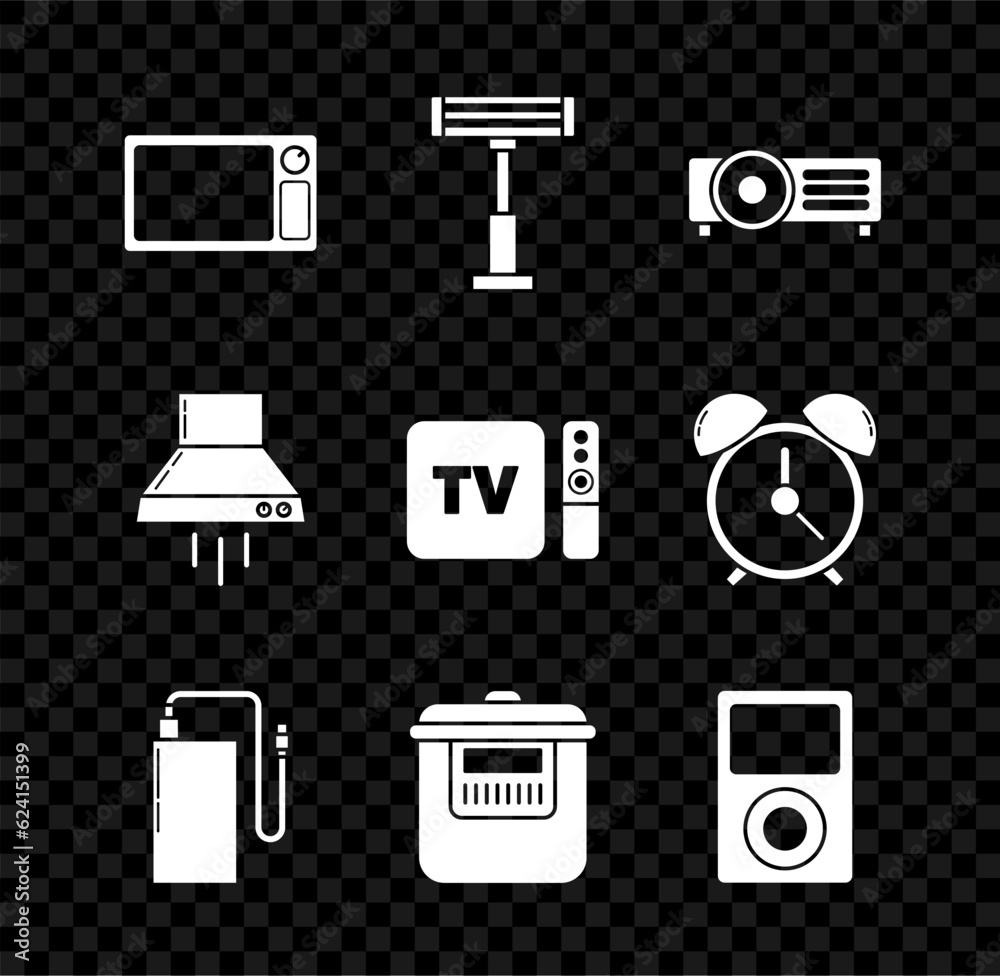 Sticker Set Microwave oven, Electric heater, , Power bank with different charge cable, Slow cooker, Music player, Kitchen extractor fan and TV box receiver and remote controller icon. Vector