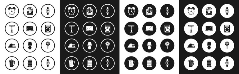 Fototapeta premium Set Smart watch showing heart beat rate, Laptop, Electric heater, Alarm clock, Remote control, fan and iron icon. Vector